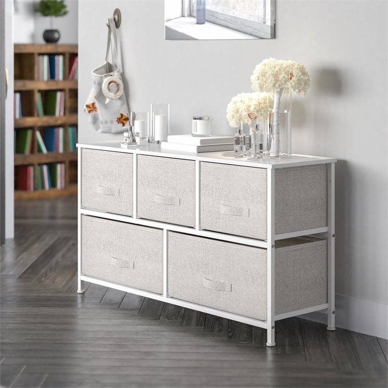 Flash Furniture 5 Drawer Fabric and Cast Iron Storage Chest in White/Gray
