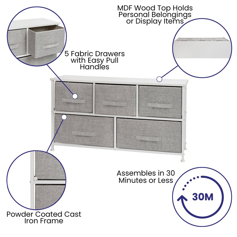 Flash Furniture 5 Drawer Fabric and Cast Iron Storage Chest in White/Gray