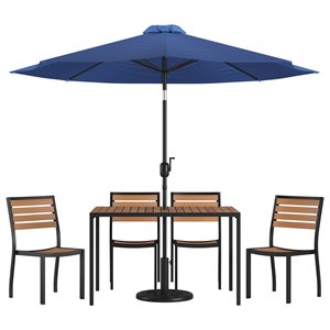Flash Furniture 7 Piece Aluminum Patio Dining Set with Umbrella and Base in Navy