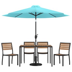 Flash Furniture 7 Piece Aluminum Patio Dining Set with Umbrella and Base in Blue