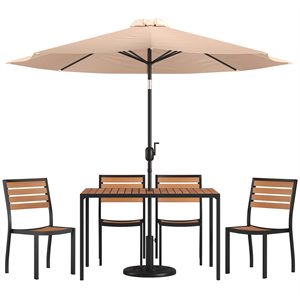 Flash Furniture 7 Piece Aluminum Patio Dining Set with Umbrella and Base in Tan
