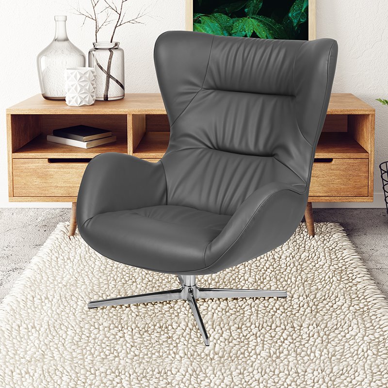 Flash Furniture Swivel Wing LeatherSoft and Aluminum Accent Chair in Gray