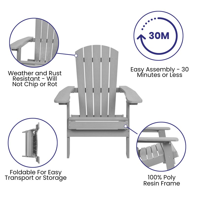 Flash Furniture Charlestown All-Weather Resin Folding Adirondack Chair in Gray