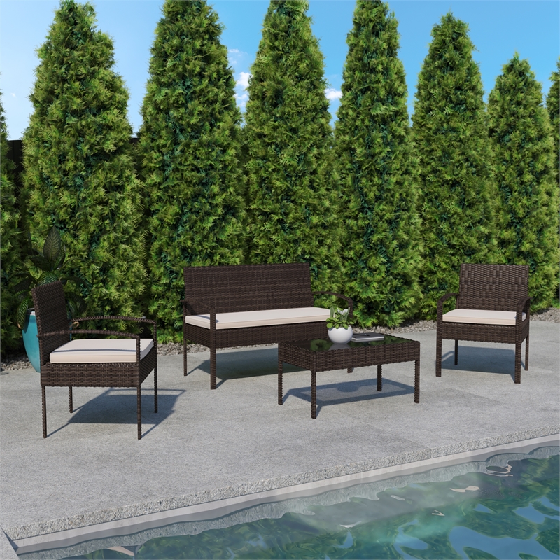 Flash Furniture Aransas 4-Piece Plastic Patio Set with Cushion in Brown/Beige