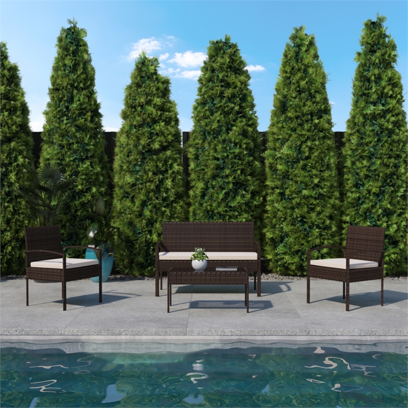 Flash Furniture Aransas 4-Piece Plastic Patio Set with Cushion in Brown/Beige