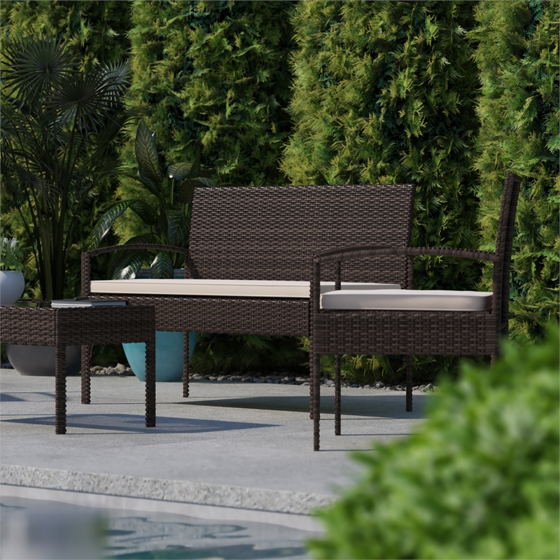 Flash Furniture Aransas 4-Piece Plastic Patio Set with Cushion in Brown/Beige