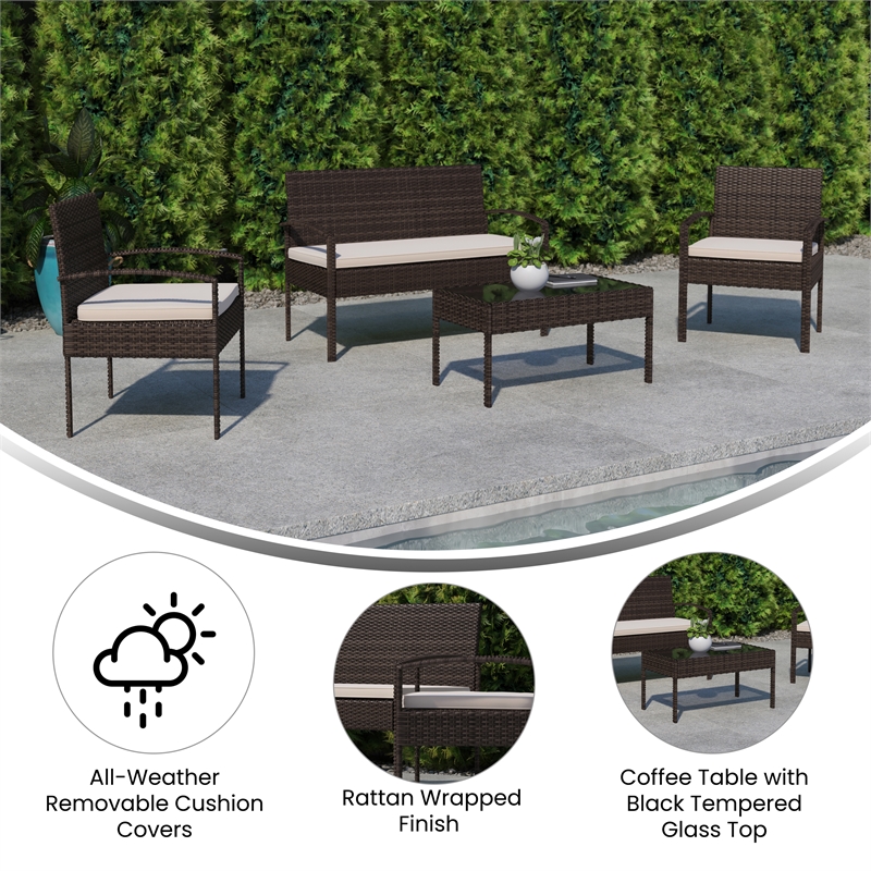 Flash Furniture Aransas 4-Piece Plastic Patio Set with Cushion in Brown/Beige