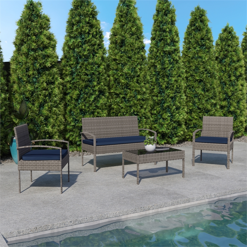 Flash Furniture Aransas 4-Piece Plastic Patio Set with Cushion in Gray/Navy