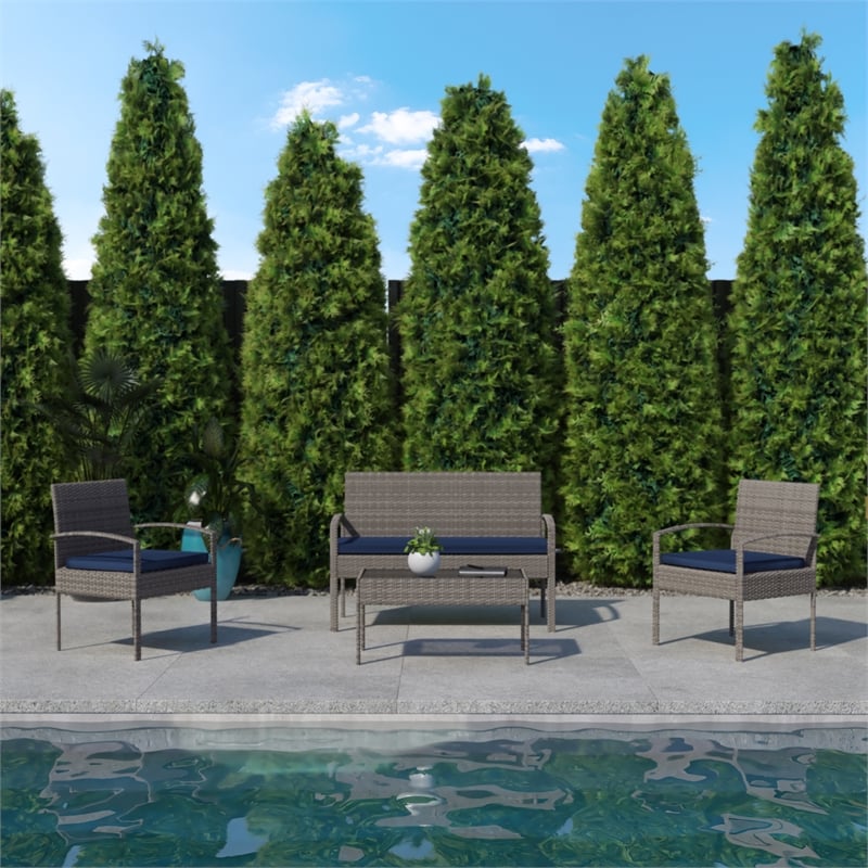 Flash Furniture Aransas 4-Piece Plastic Patio Set with Cushion in Gray/Navy