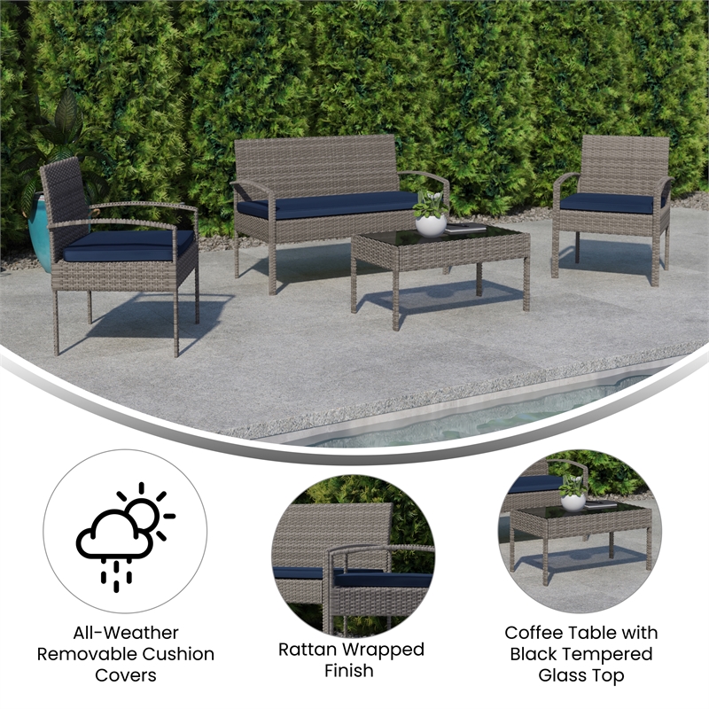 Flash Furniture Aransas 4-Piece Plastic Patio Set with Cushion in Gray/Navy