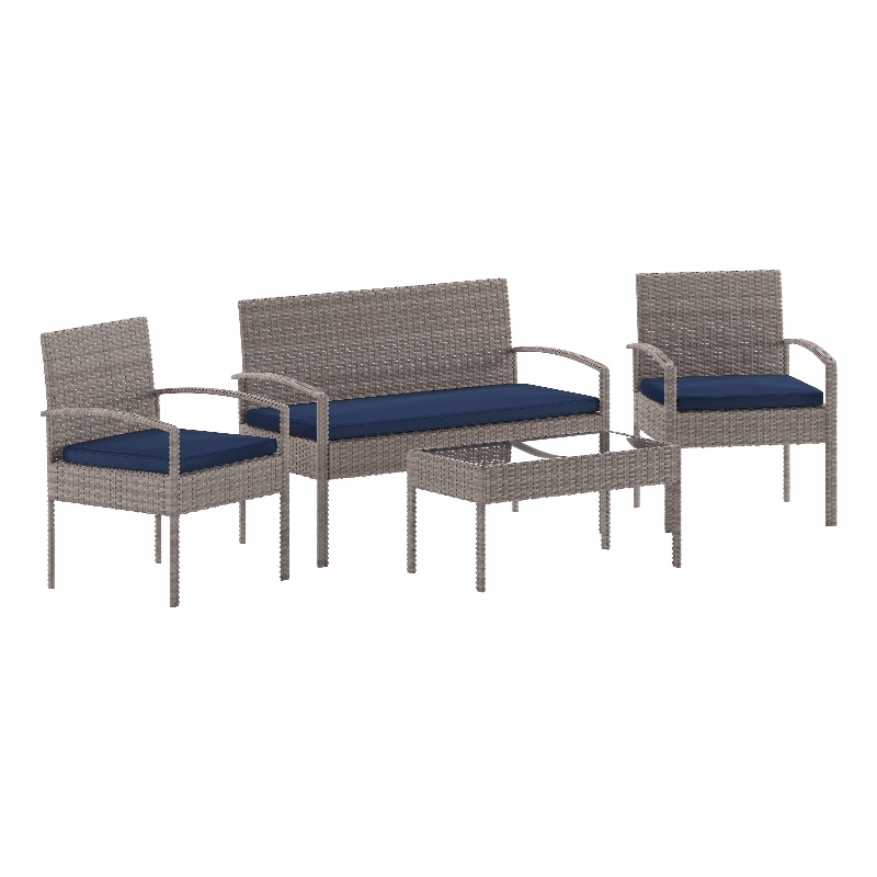 Flash Furniture Aransas 4-Piece Plastic Patio Set with Cushion in Gray/Navy