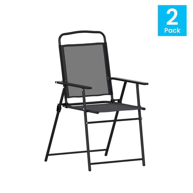 Flash Furniture Mystic Metal Patio Sling Chairs with Armrest in Black (Set of 2)