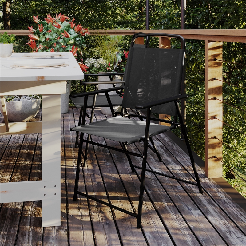 Flash Furniture Mystic Metal Patio Sling Chairs with Armrest in Black (Set of 2)