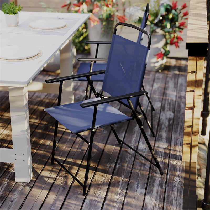 Flash Furniture Mystic Metal Patio Sling Chairs with Armrests in Navy (Set of 2)