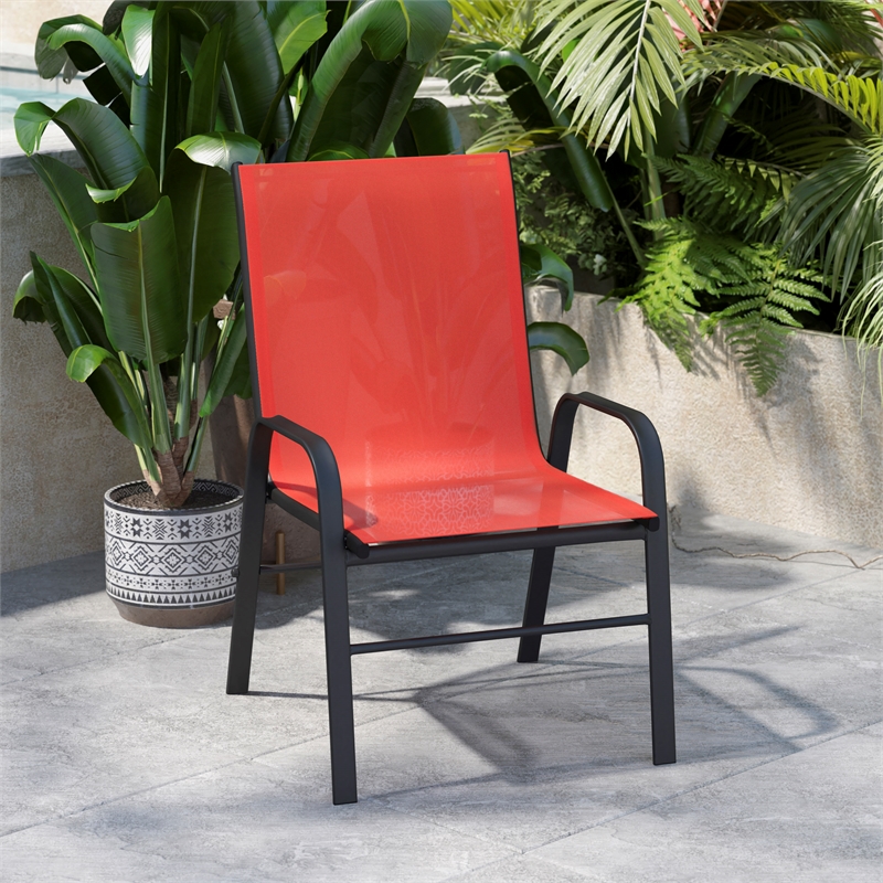 Flash Furniture Brazos Metal Patio Stack Chair in Red (Set of 4)