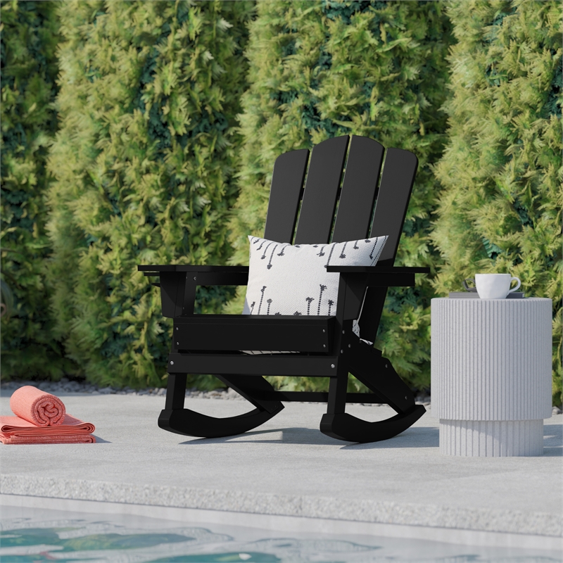 Flash Furniture Halifax Plastic Rocking Adirondack Chair with Cupholder in Black