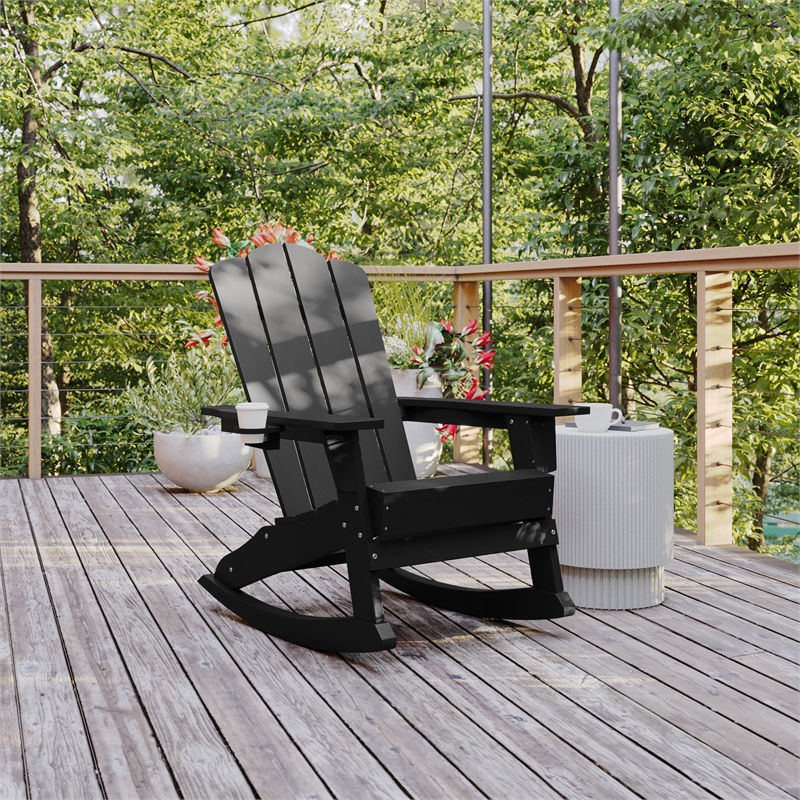 Flash Furniture Halifax Plastic Rocking Adirondack Chair with Cupholder in Black