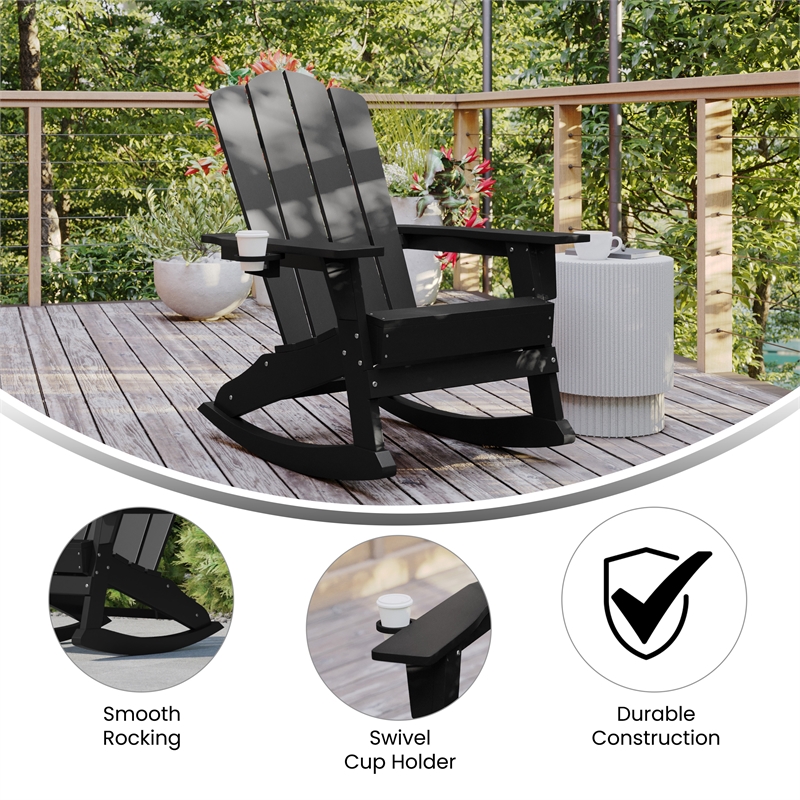 Flash Furniture Halifax Plastic Rocking Adirondack Chair with Cupholder in Black