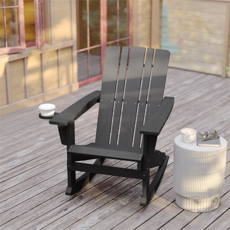 Flash Furniture Halifax Plastic Rocking Adirondack Chair with Cupholder in Gray