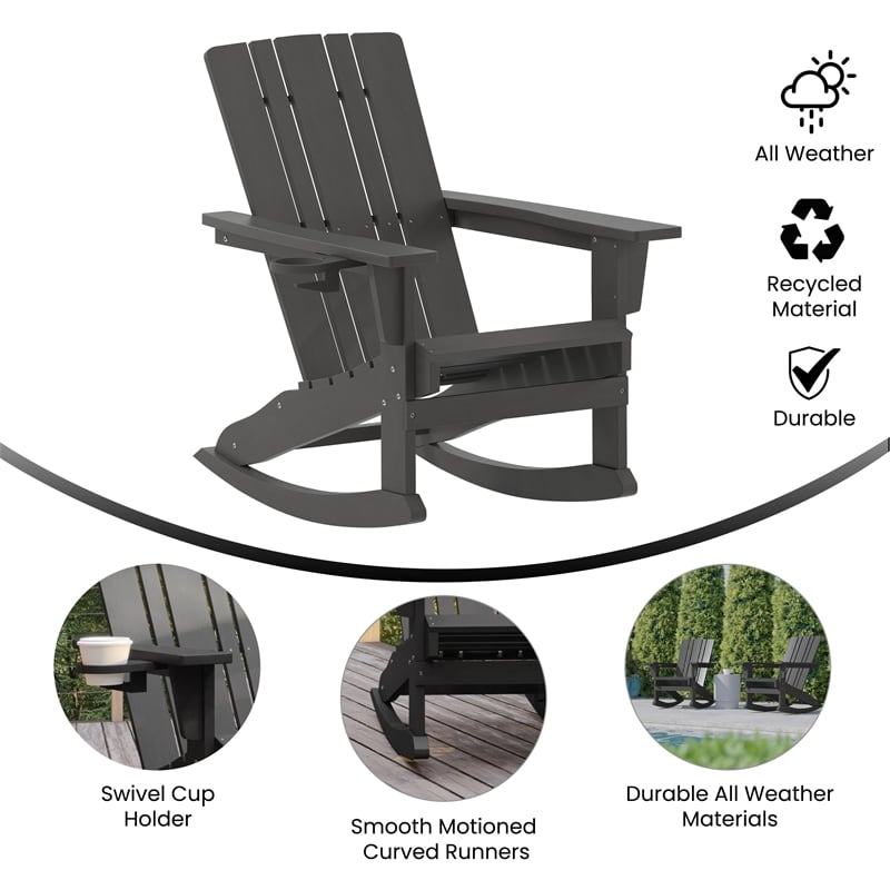 Flash Furniture Halifax Plastic Rocking Adirondack Chair with Cupholder in Gray