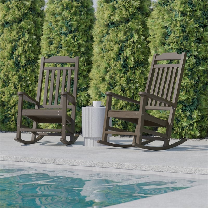 Flash Furniture Winston All-Weather Plastic Rocking Chair in Mahogany (Set of 2)