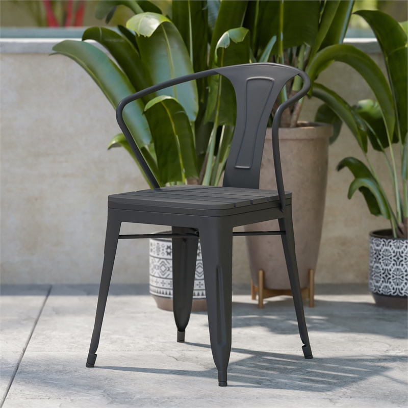 Flash Furniture Helvey Metal Patio Chair with Polyresin Seat in Black (Set of 2)