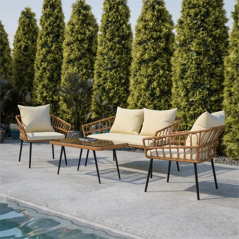 Flash Furniture Hensley 4-Piece Rattan Patio Seating Set in Natural/Cream