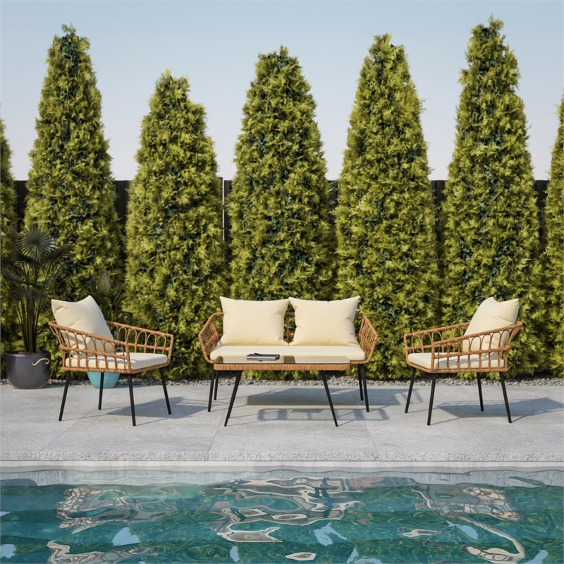 Flash Furniture Hensley 4-Piece Rattan Patio Seating Set in Natural/Cream