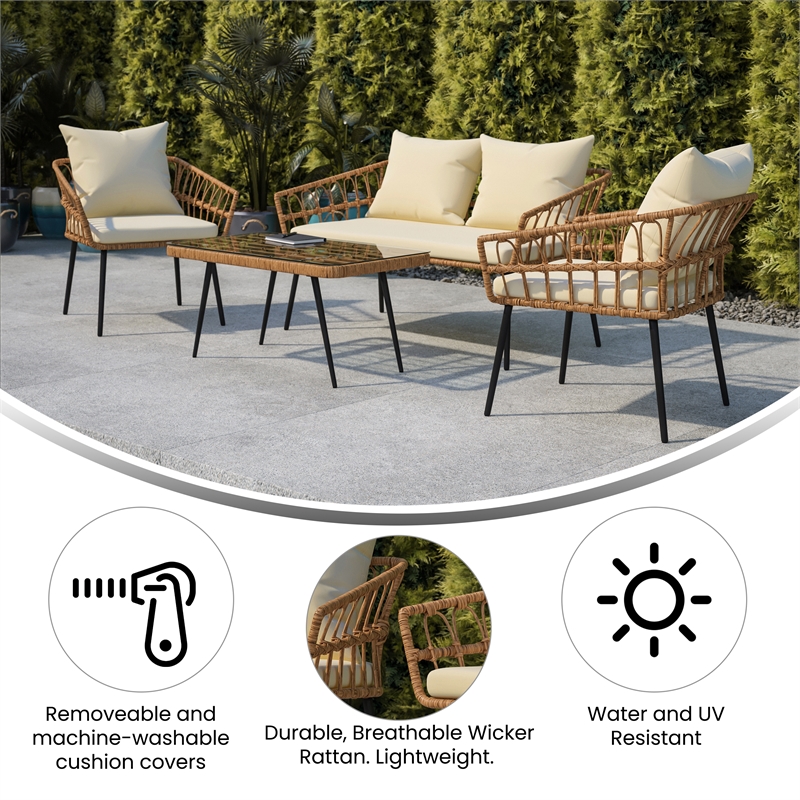 Flash Furniture Hensley 4-Piece Rattan Patio Seating Set in Natural/Cream