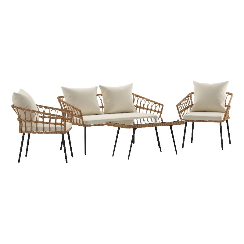 Flash Furniture Hensley 4-Piece Rattan Patio Seating Set in Natural/Cream