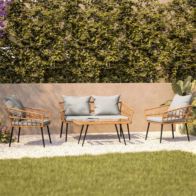 Flash Furniture Hensley 4-Piece Rattan Patio Seating Set in Natural/Gray