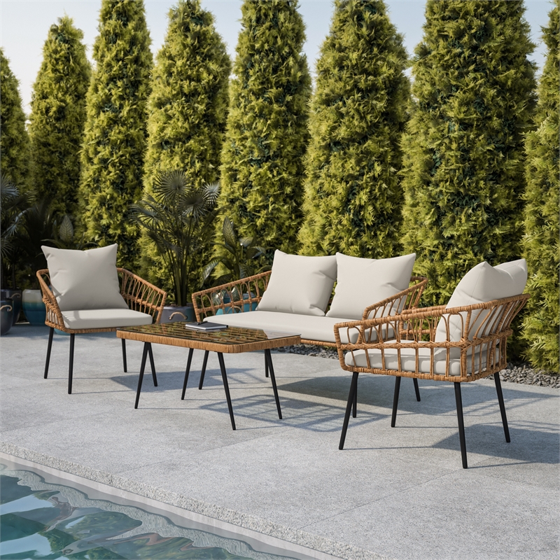 Flash Furniture Hensley 4-Piece Rattan Patio Seating Set in Natural/Gray