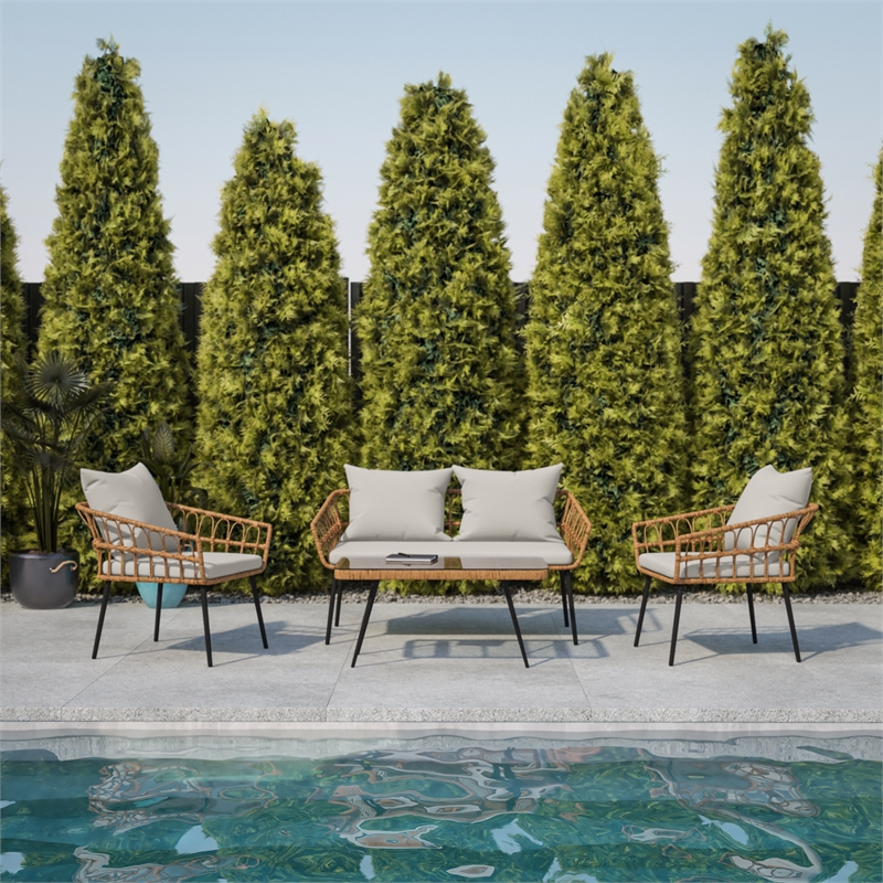 Flash Furniture Hensley 4-Piece Rattan Patio Seating Set in Natural/Gray