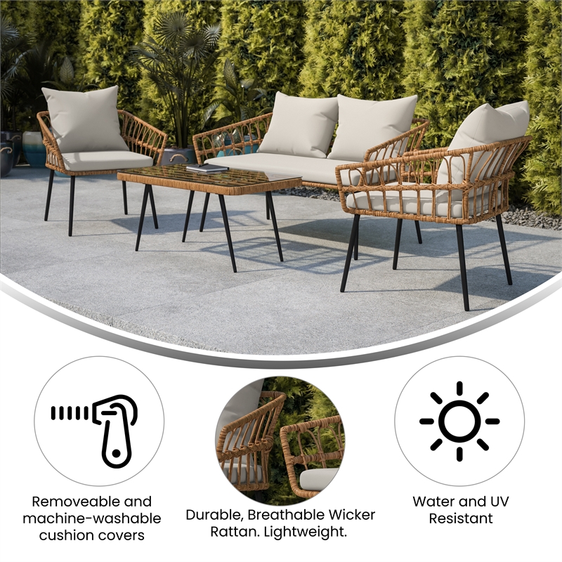 Flash Furniture Hensley 4-Piece Rattan Patio Seating Set in Natural/Gray