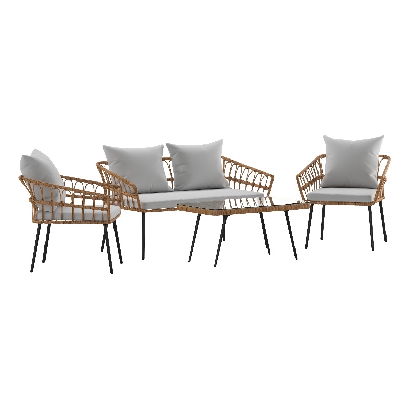 Flash Furniture Hensley 4-Piece Rattan Patio Seating Set in Natural/Gray