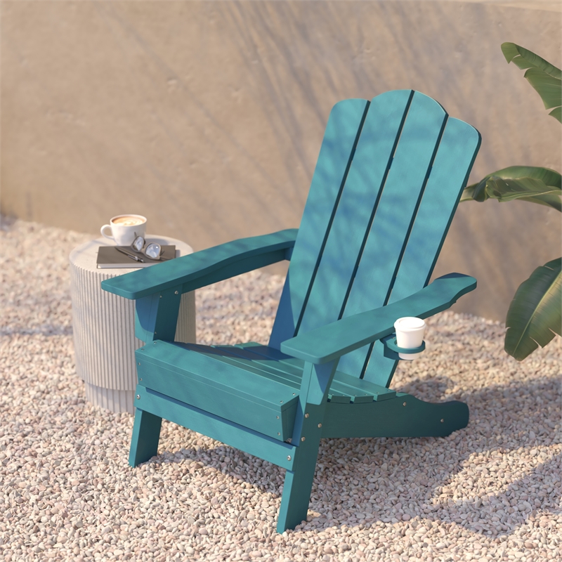 Flash Furniture Newport Plastic Adirondack Chair w/ Swiveling Cupholder in Blue