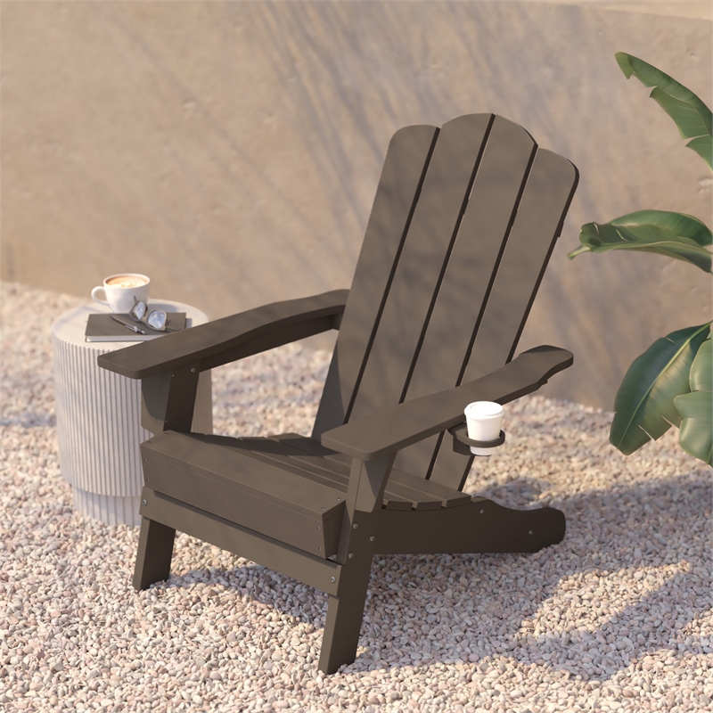 Flash Furniture Newport Plastic Adirondack Chair w/ Swiveling Cupholder in Brown