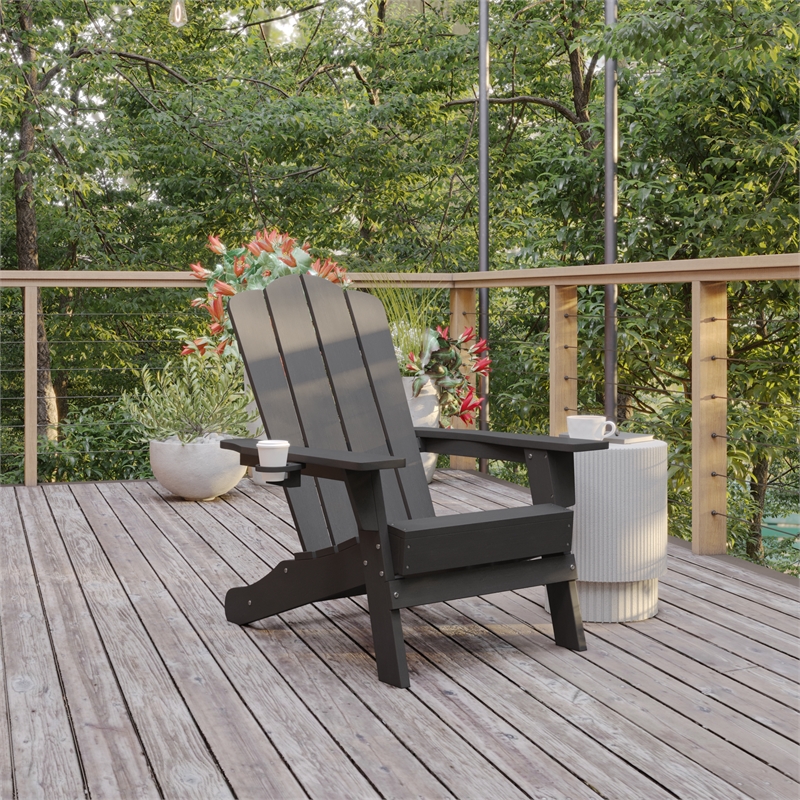 Flash Furniture Newport Plastic Adirondack Chair w/ Swiveling Cupholder in Gray