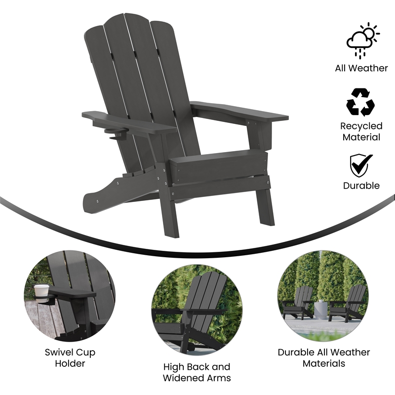 Flash Furniture Newport Plastic Adirondack Chair w/ Swiveling Cupholder in Gray