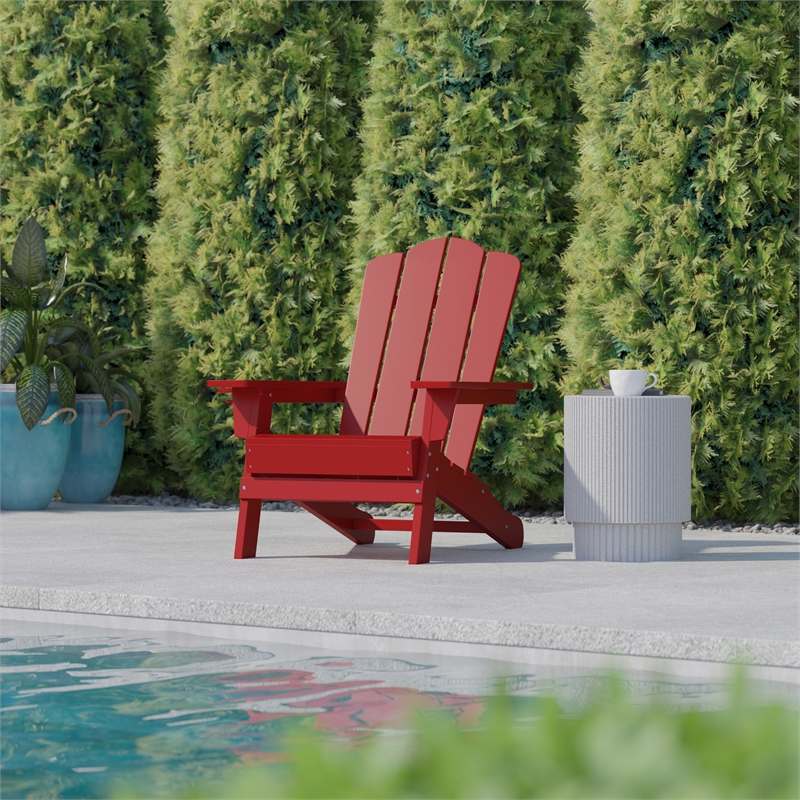 Flash Furniture Newport Plastic Adirondack Chair with Swiveling Cupholder in Red