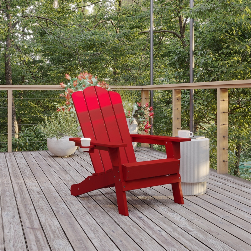 Flash Furniture Newport Plastic Adirondack Chair with Swiveling Cupholder in Red