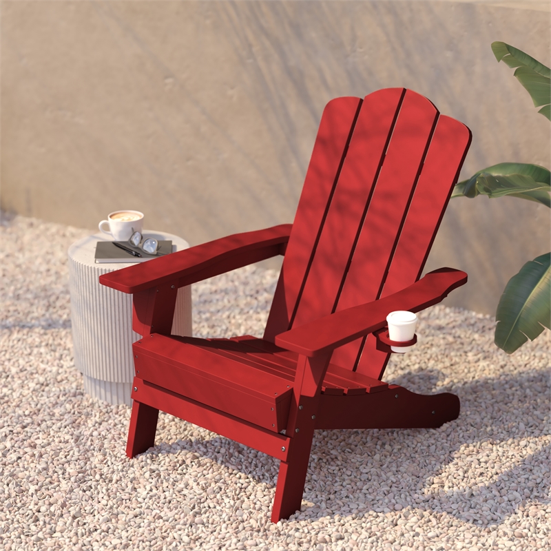 Flash Furniture Newport Plastic Adirondack Chair with Swiveling Cupholder in Red