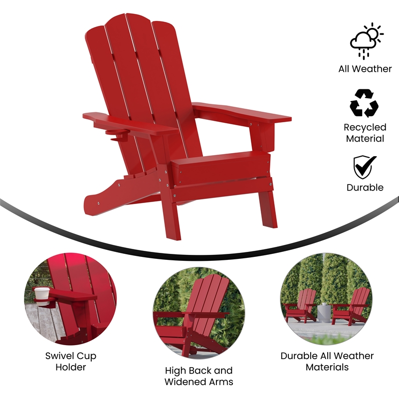 Flash Furniture Newport Plastic Adirondack Chair with Swiveling Cupholder in Red