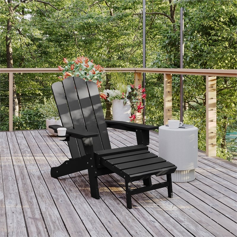 Flash Furniture Halifax Plastic Adirondack Chair with Pullout Ottoman in Black