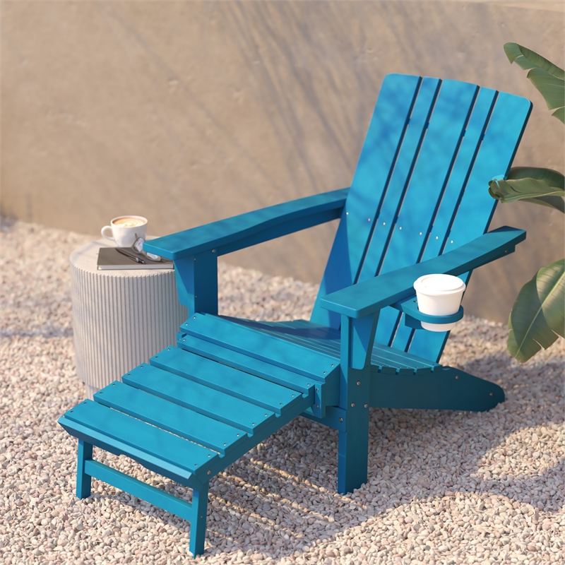 Flash Furniture Halifax Plastic Adirondack Chair with Pullout Ottoman in Blue