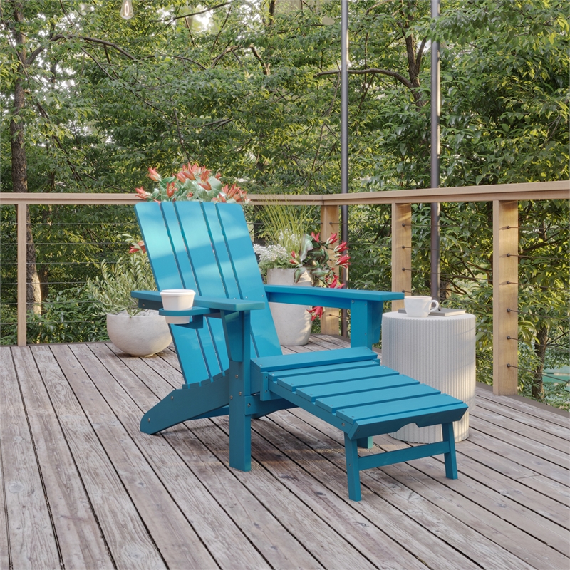 Flash Furniture Halifax Plastic Adirondack Chair with Pullout Ottoman in Blue