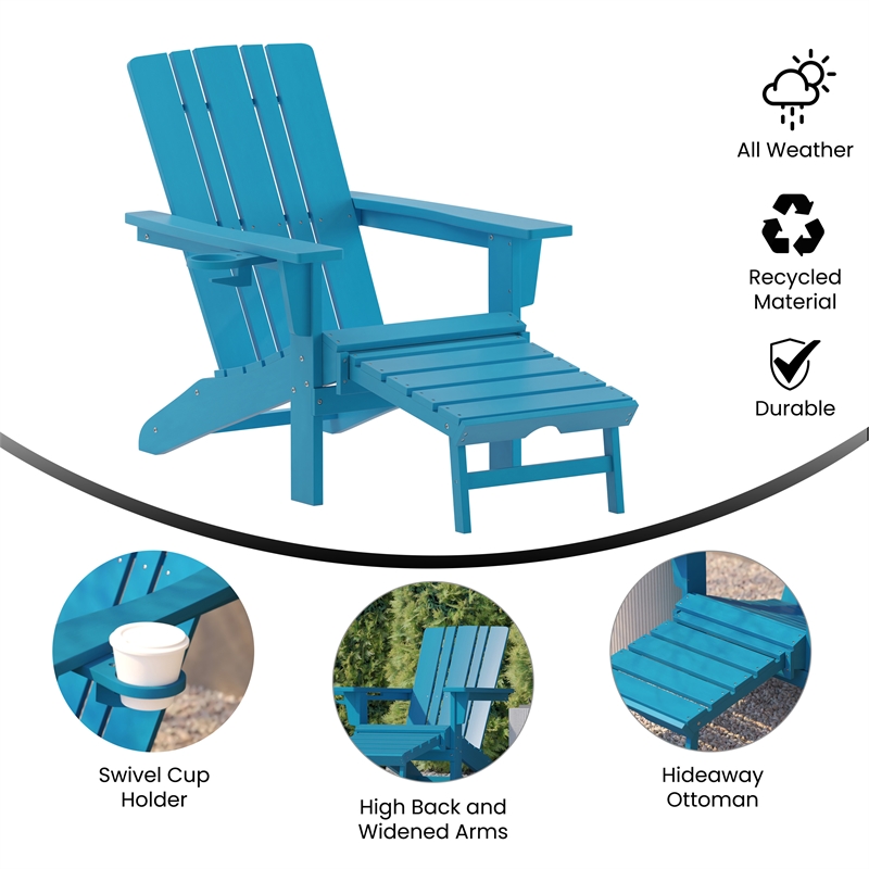 Flash Furniture Halifax Plastic Adirondack Chair with Pullout Ottoman in Blue