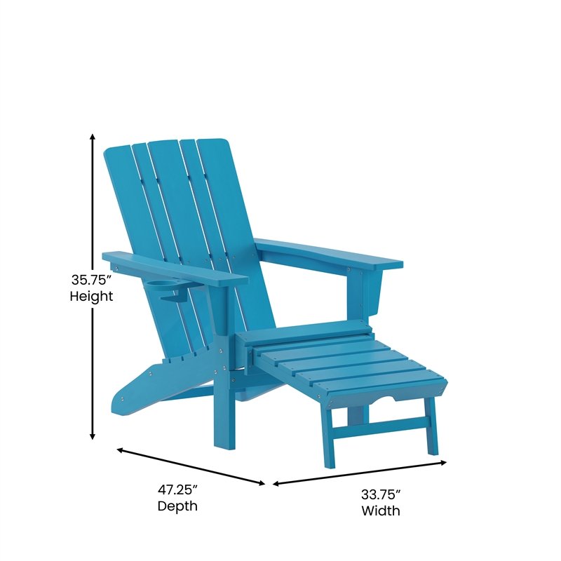 Flash Furniture Halifax Plastic Adirondack Chair with Pullout Ottoman in Blue