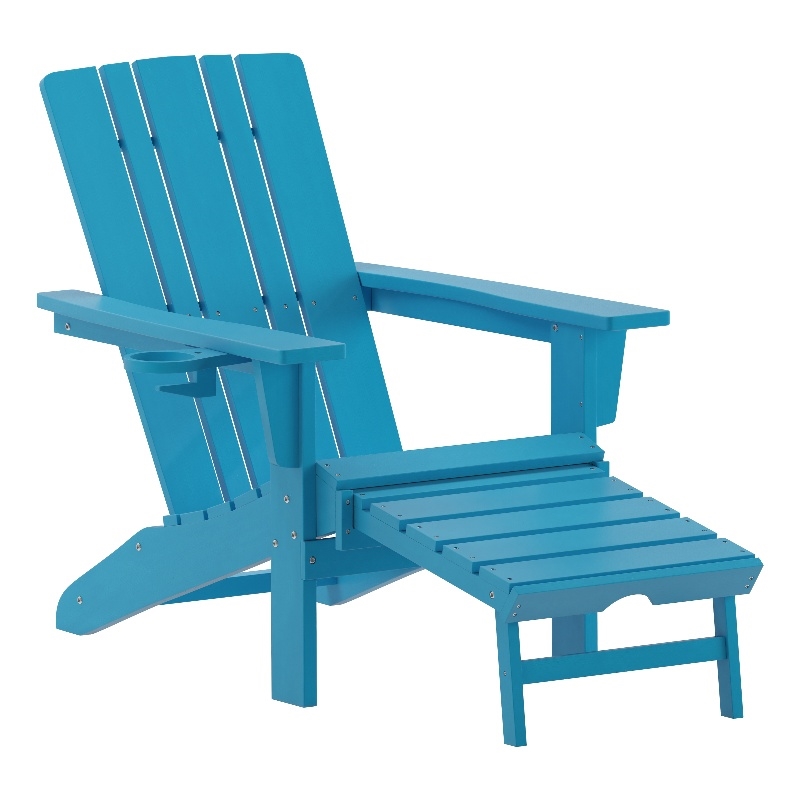 Flash Furniture Halifax Plastic Adirondack Chair with Pullout Ottoman in Blue