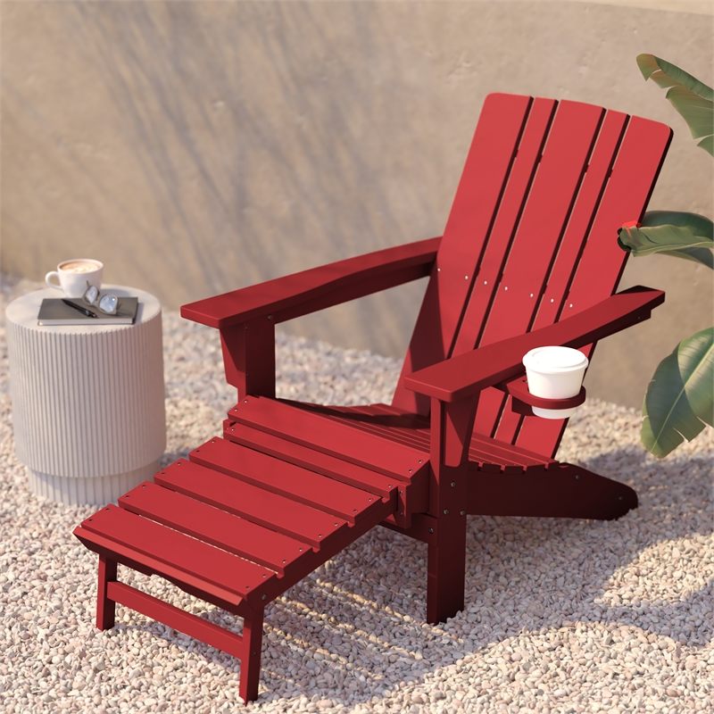 Flash Furniture Halifax Plastic Adirondack Chair with Pullout Ottoman in Red